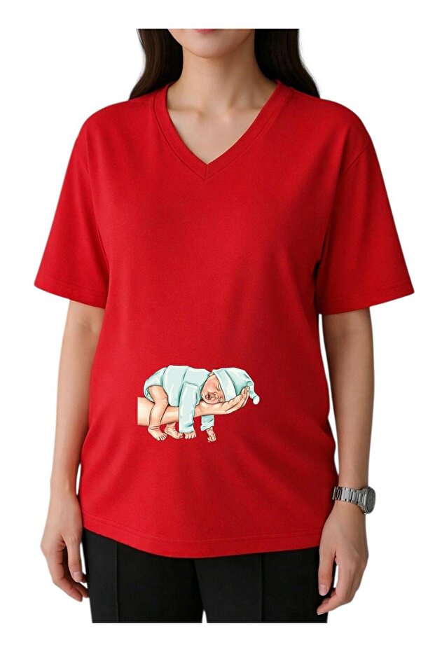 Elde Baby Printed V-Neck Oversized Maternity T-Shirt 1Gj6