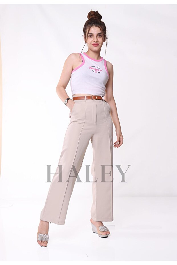 High Waist Double Fabric Trousers Straight Cut Stylish Comfortable