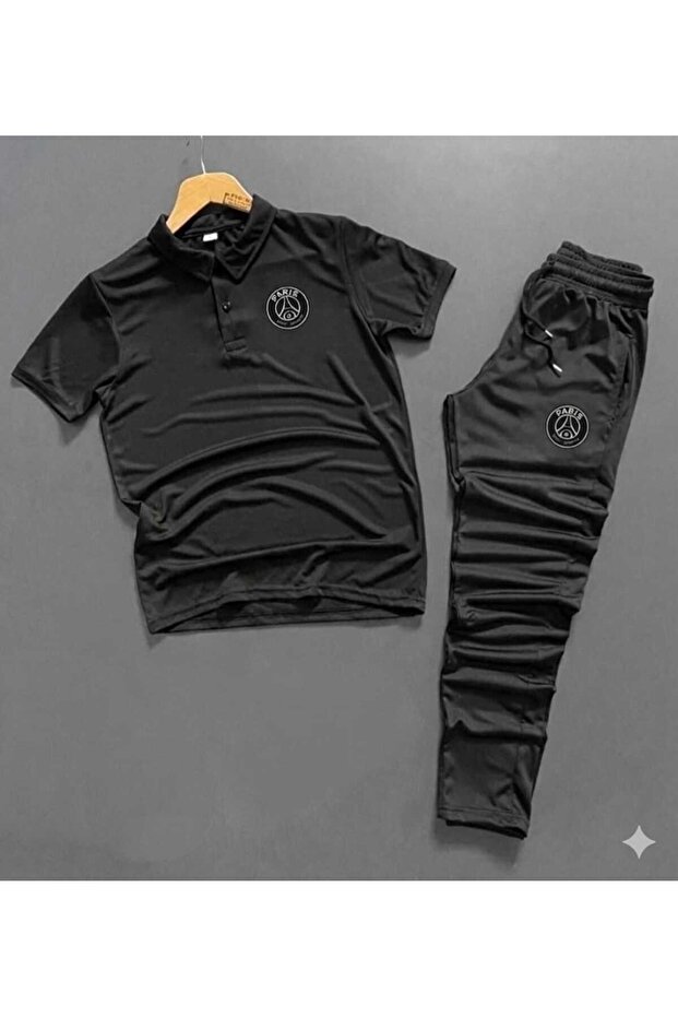 Black Polo Neck Paris Printed T-Shirt Scuba Tracksuit Set