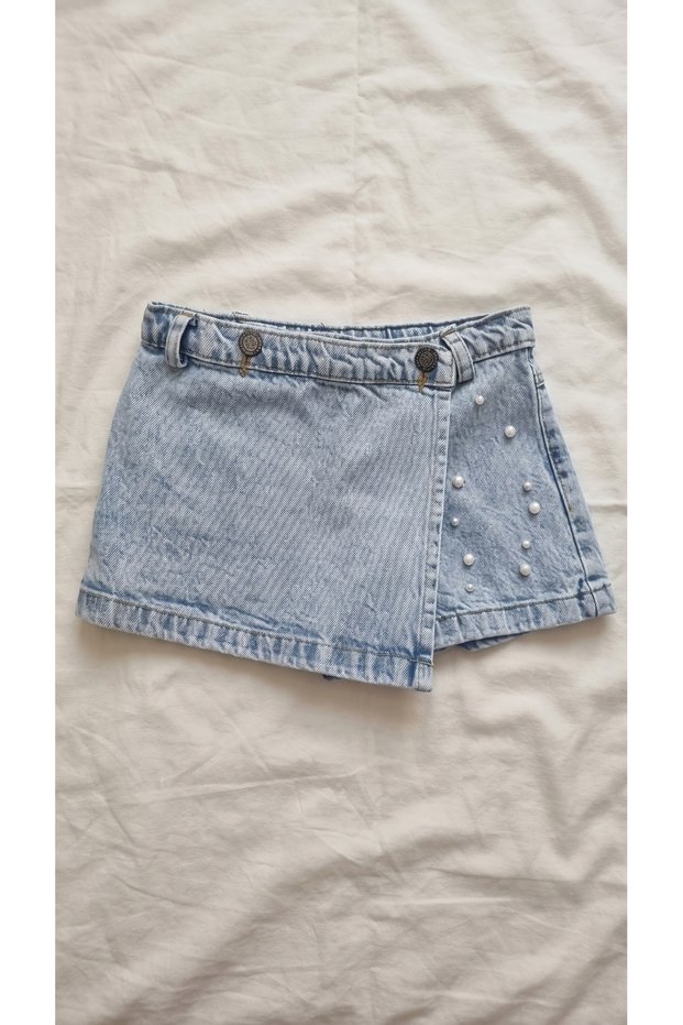 Girl's Pearl Detailed Denim Skort Skirt-Looking Shorts