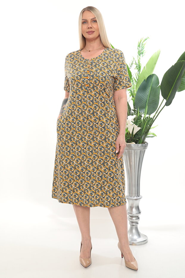 Ring Pattern Button Detailed Double Pocket Relaxed Fit Casual Summer Modal Dress