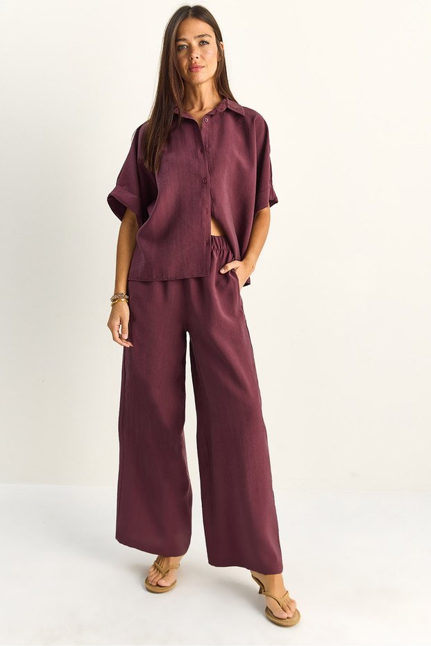 Women's Plum Oversize Short Sleeve Shirt Elastic Waist Wide Leg Pants Set 7651 60286138