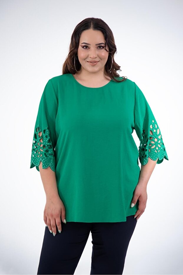 Women's Plus Size Sleeve Stone Embellished Blouse Green