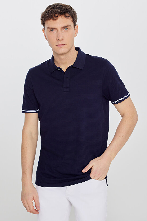Men's Navy Blue 100% Cotton Standard Fit Polo Collar Jacquard T-Shirt