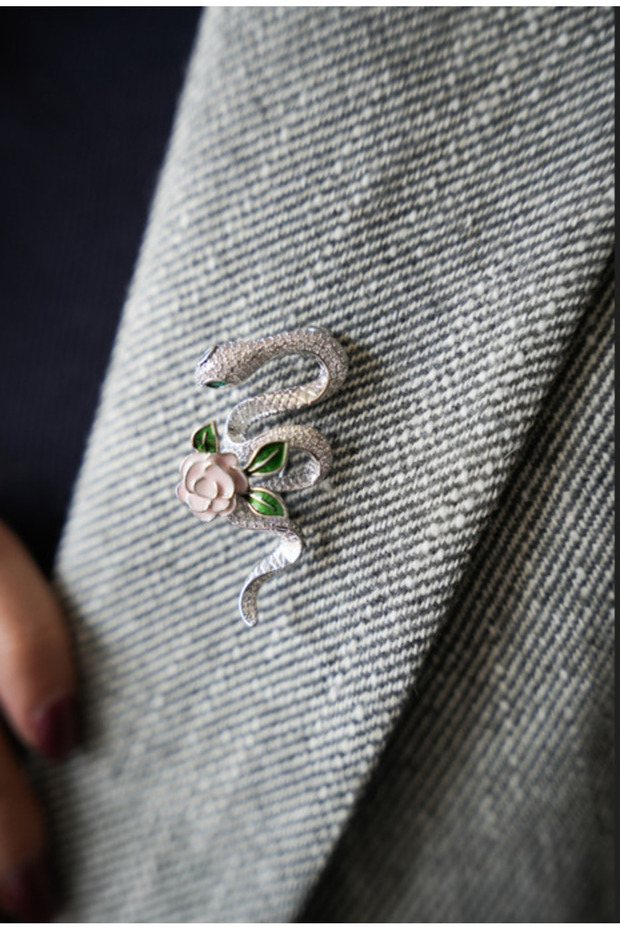 Silver Snake & Rose Brooch