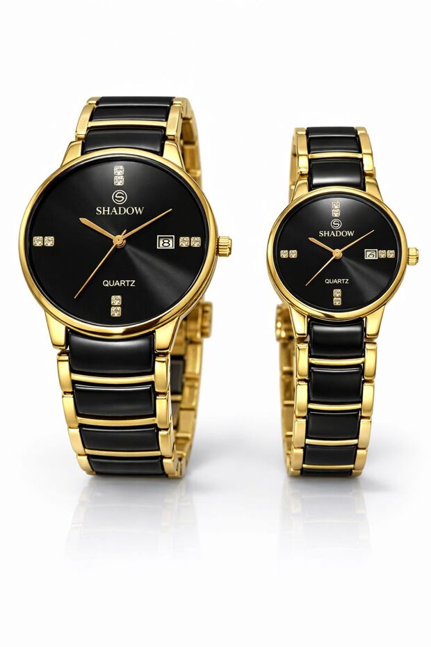 Crimson Duo Couple Watch Set for Men & Women, Quartz Analog Watches, Black Gold Strap,