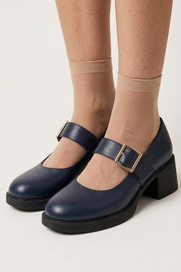 Genuine Leather Navy Blue Heeled Mary Jane Women's Shoes with Buckle and Strap Real Leather Classic Heels