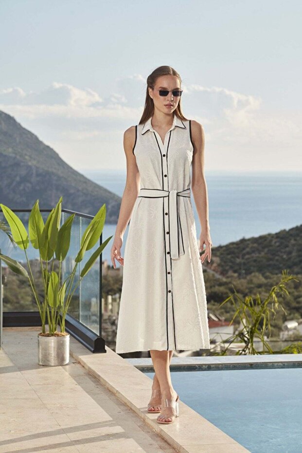 Front Buttoned Collar Detail Midi Dress Cossybyaqua 26808-36 - Dark Blue