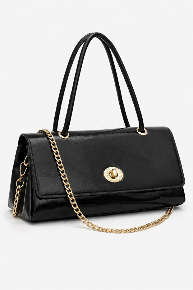 Black Women's Shoulder Bag with Chain Strap, Stylish Design, Cover, Hand and Shoulder Use, Daily Use