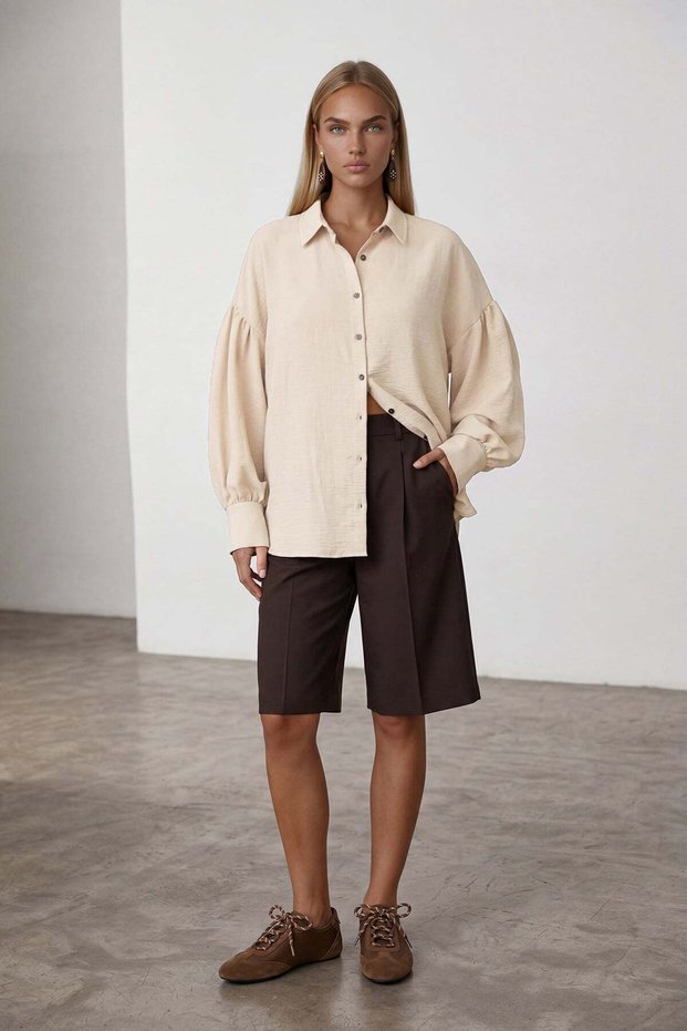 Vanilla Balloon Sleeve Wide Cuff Oversize Linen Shirt Alc-X15426