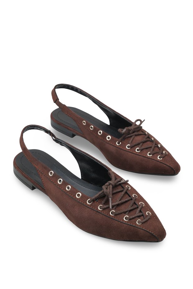 Bitter Brown Suede Women's Ballerina Lace-Up Pointed Toe Casual Stylish Shoes