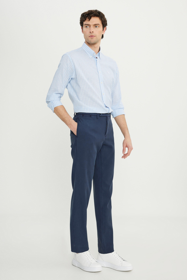Men's Navy Blue Cotton Comfort Fit Side Pocket Dobby Casual Stretchy Trousers