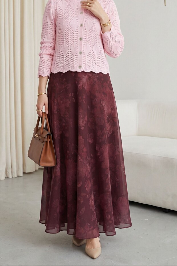 Leaf Patterned Openwork Knitwear Cardigan -Pink