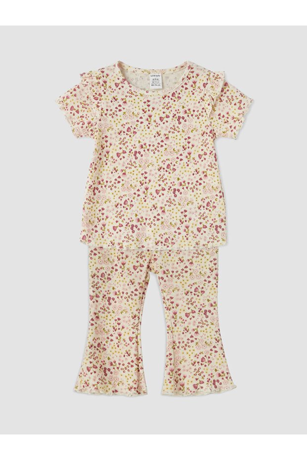 Lcw Baby Ecru Floral Baby Girl Ribbed Set