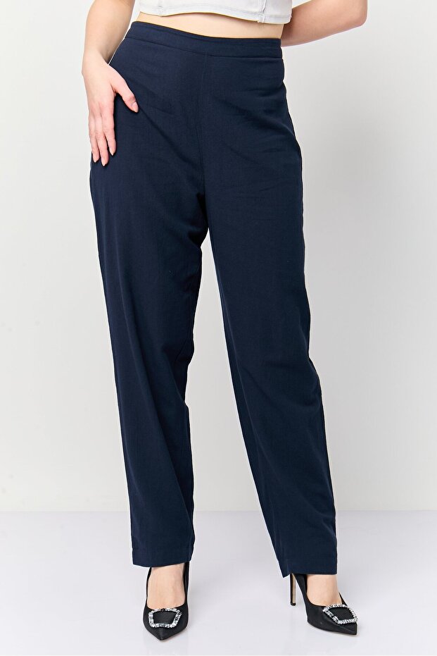 Women Regular Fit Solid Straight Pants, Navy