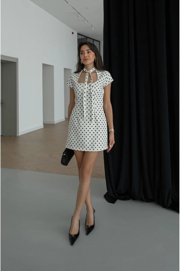 Women's White Polka Dot Mini Dress with Tie Detail Stylish Summer Slim Fit Dress 6012