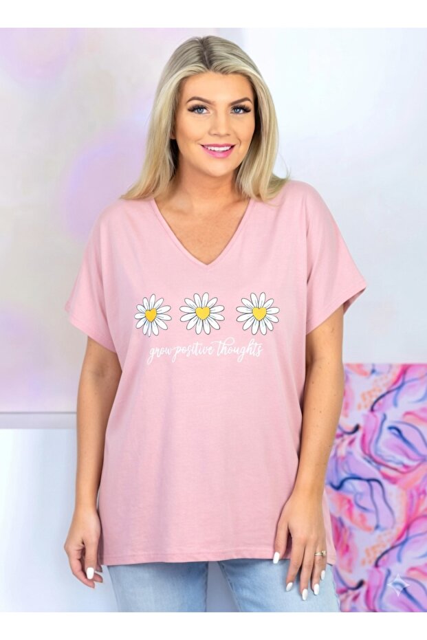 Daisy Printed V-Neck Cotton Premium Plus Size Women's T-Shirt