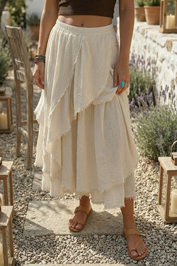 Beige Washed Layered Elastic Waist Casual Cotton Woven Skirt 90 55
