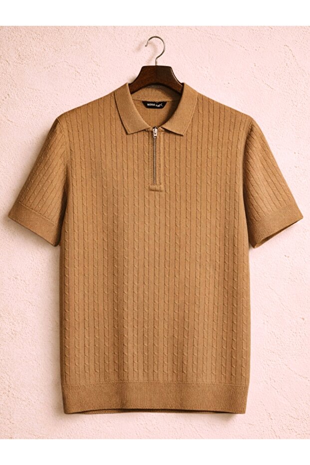Polo Collar Zippered Knitted Old Money Knitted First Quality Soft Short Sleeve Men's T-Shirt