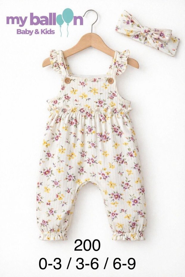 Floral Patterned Strappy Summer 100% Cotton Girls' Jumpsuit and Bandana Set