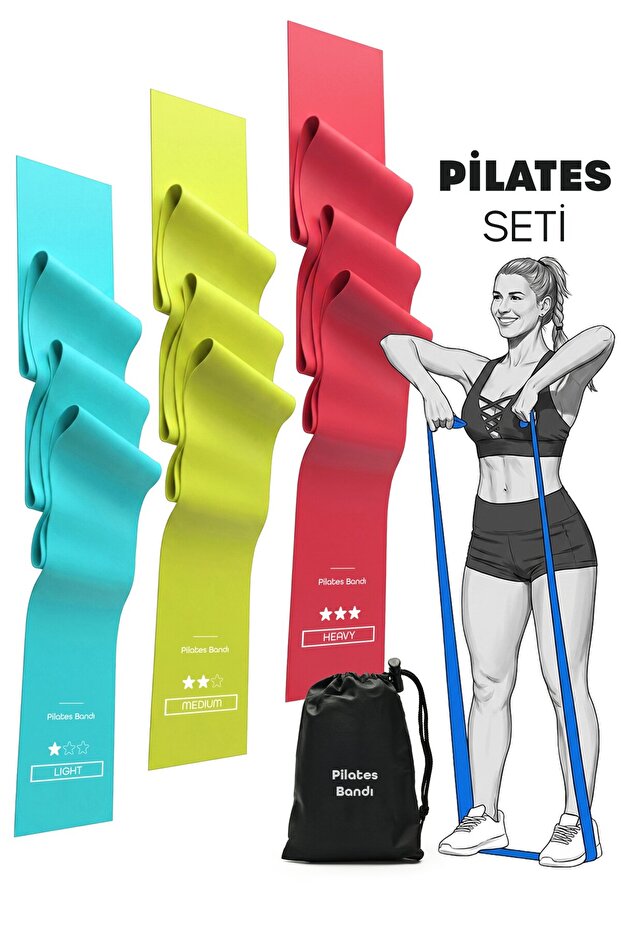 Thundara 3'lü Pilates Bandı Seti AÇIK UÇLU Çantalı Pilates Aerobik Egzersiz Esneme Squat Lastiği Bandı