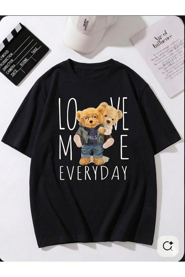 Unisex Short Sleeve Black T-Shirt Teddy Love Me Oversize,Premium,Summer 100% Cotton