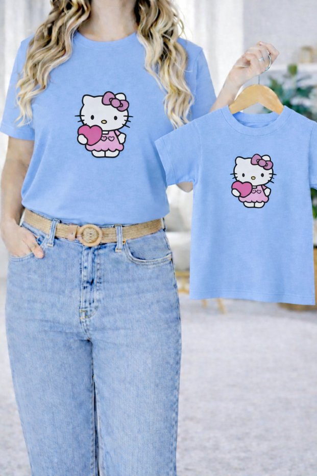 Mother-Daughter Combination Oversized T-Shirt Twin T-Shirt with Teddy Bear Print (Sold as a Single Item)