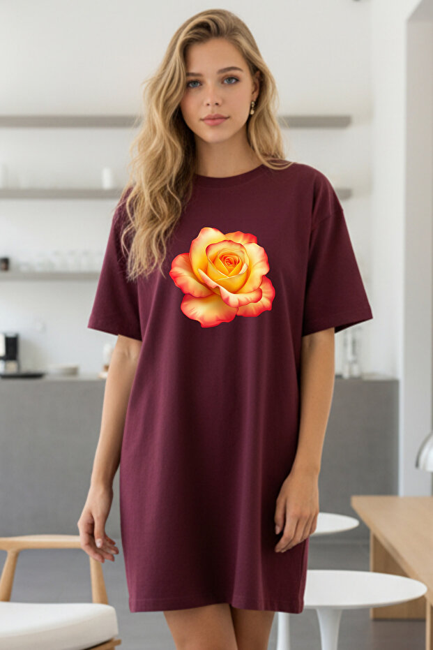 Elbisee Women's Red Oversize T-Shirt Dress – Yellow Red Rose Print