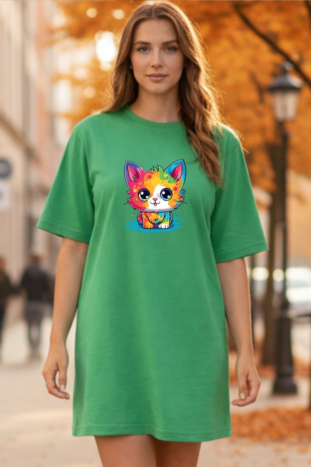Elbisee Women's Red Oversize T-Shirt Dress – Colorful Cat Print