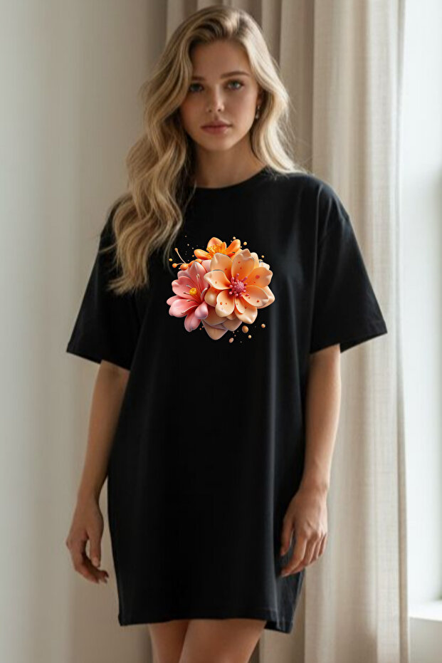 Elbisee Women's Red Oversize T-Shirt Dress – Orange Floral Bouquet Printed