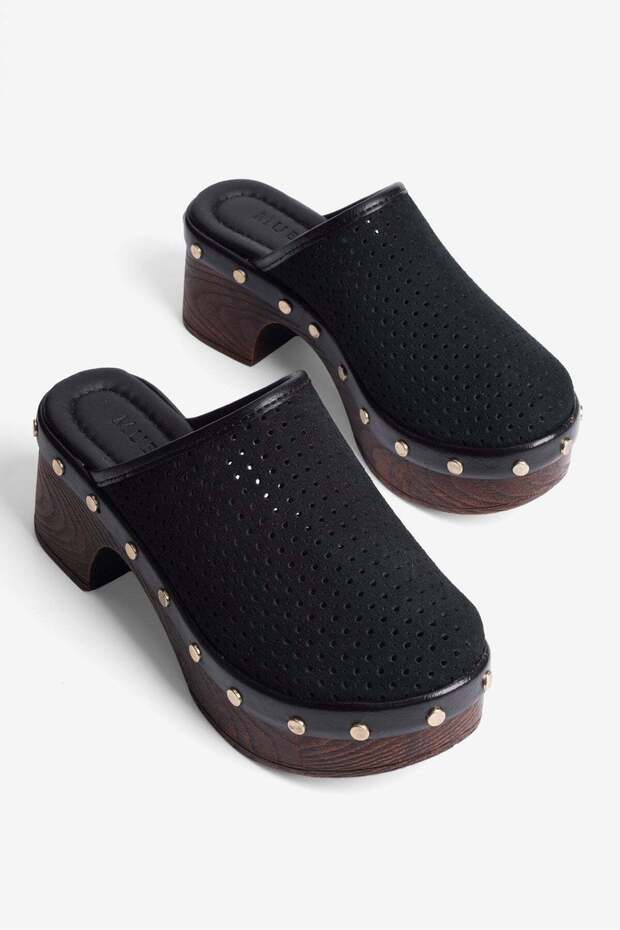 Women's Suede Platform Heeled Slippers with Holes Rina Black