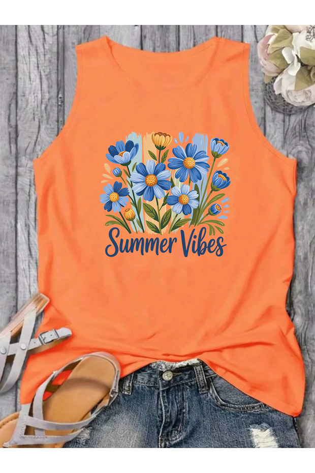 Flowers Printed Patterned Women's Cotton Off-The-Shoulder (Sleeveless) Summer T-Shirt