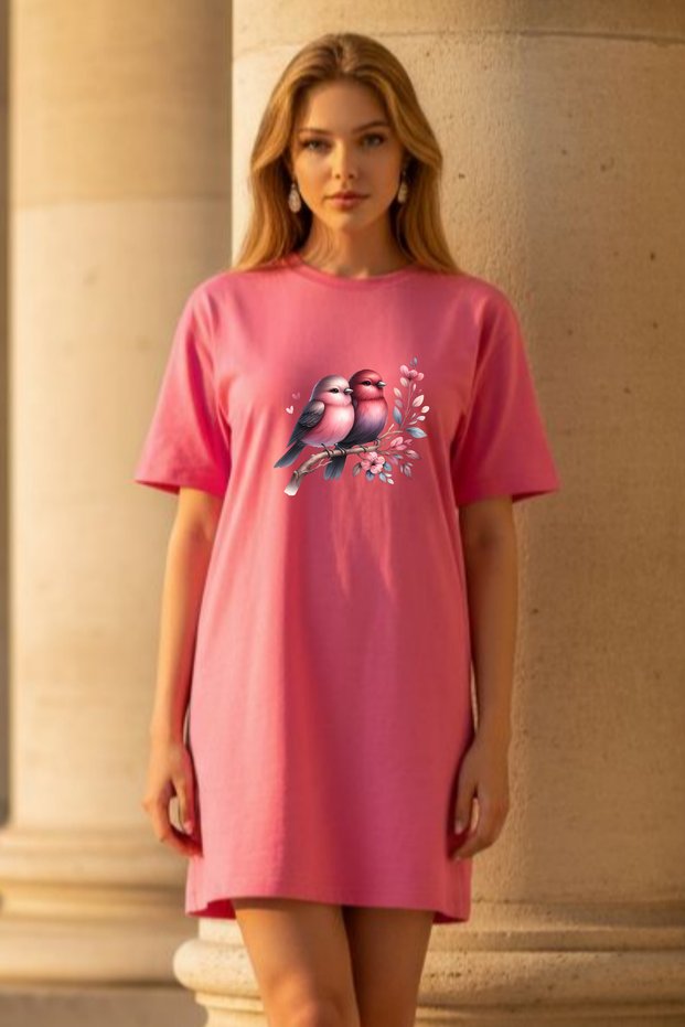 Elbisee Women's Green Oversize T-Shirt Dress - Cute Birds and Floral Print