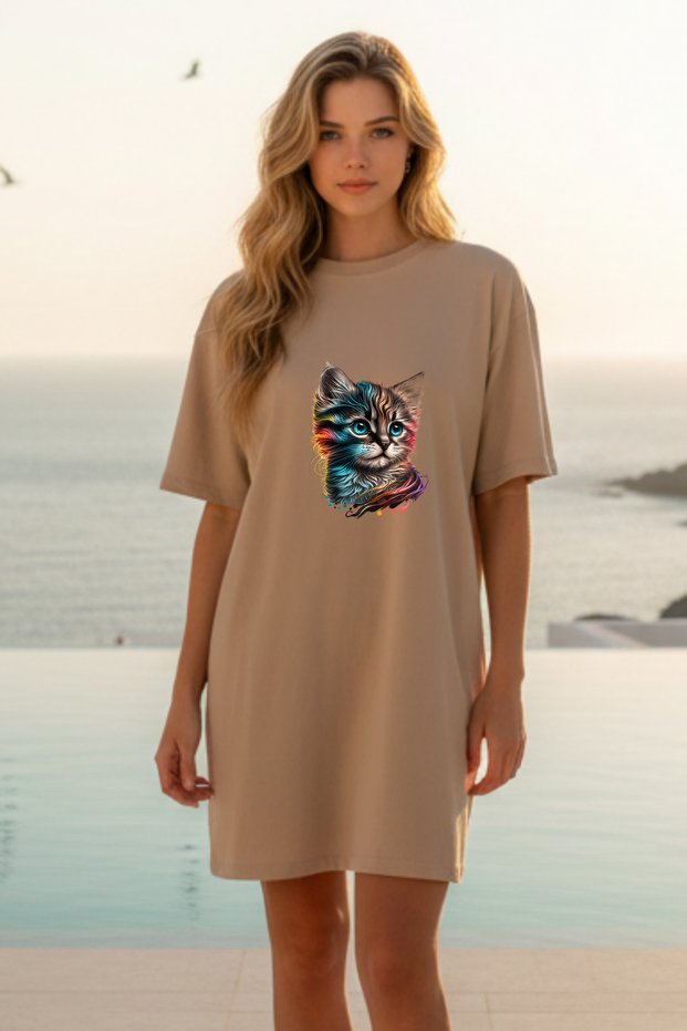 Elbisee Women's Black Oversize T-Shirt Dress with Colorful Cat Print