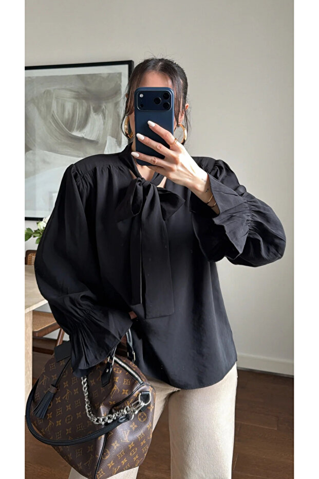 Black Ruffle Detail Padded Shoulders Blouse - 1016