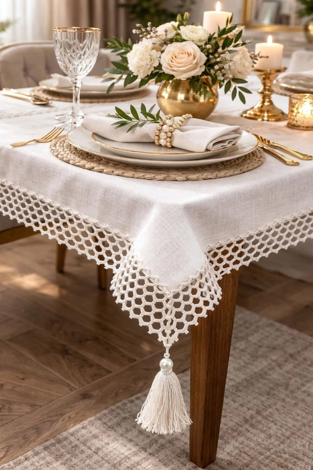 مفرش طاولة أنيق بنمط دانتيل على الحواف 160 × 220