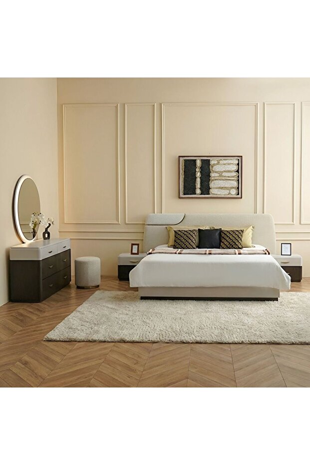 DaVita 200x200 Super King Upholstered Bedset With 2 Night Stand and 6 Drawer Dresser with Mirror & S