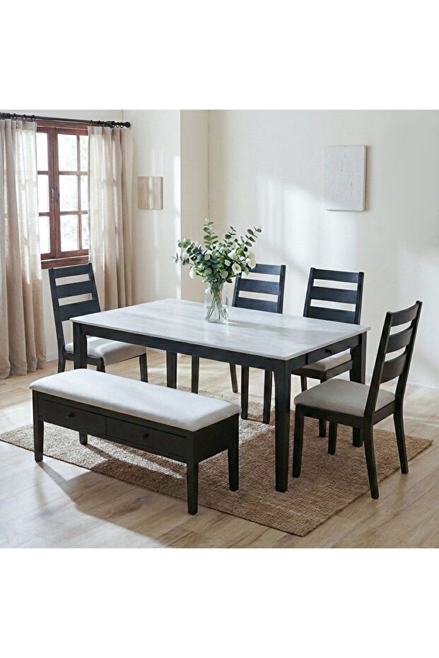 Tovia 1+4+Bench Solidwood Dining Set With Storage-Antique White/Black/Grey