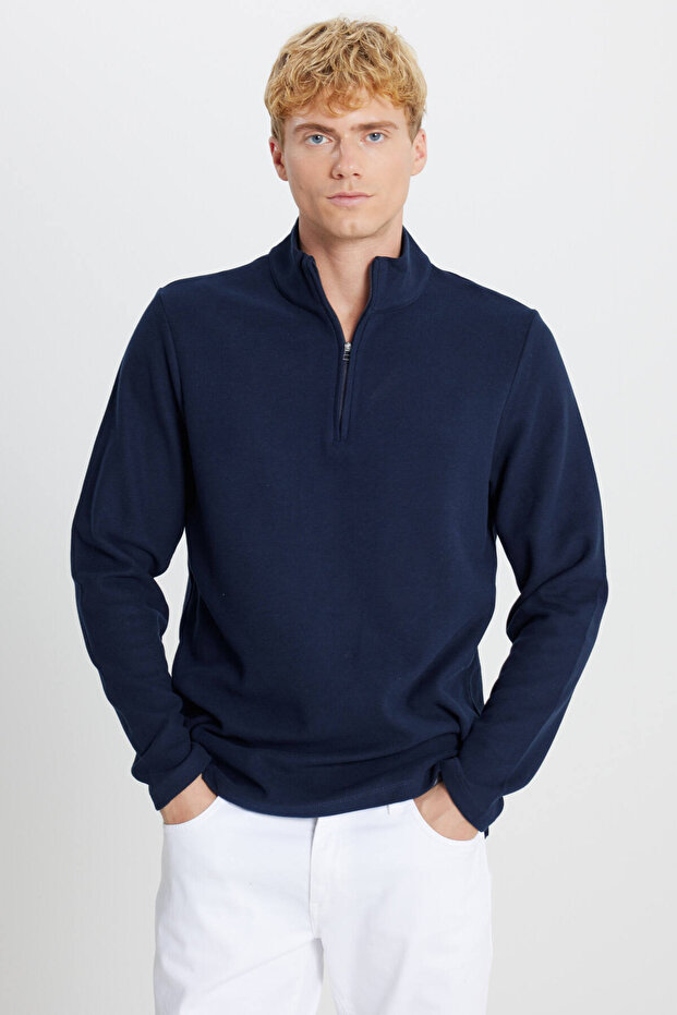 Men's Navy Blue Cotton Slim Fit Slim Fit Bato Collar Long Sleeve T-Shirt