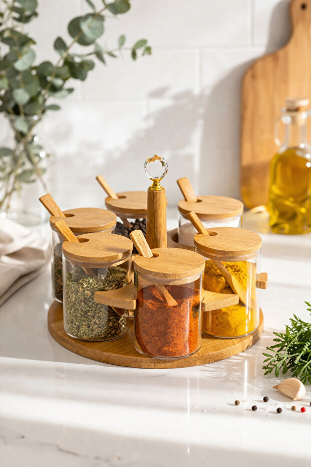 6-Piece Spice Rack Set (7X7 cm) with Glass Jars and Spoon Bamboo Stand – Modern Kitchen Organizer