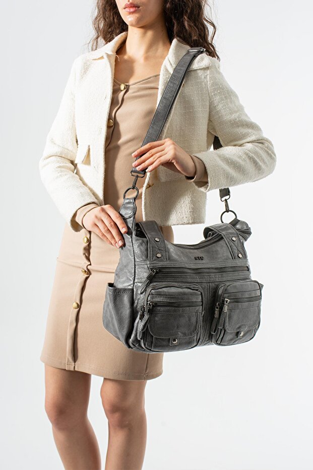 Washed Leather Multi-Pocket Shoulder Bag Gray Model: (571-12m)