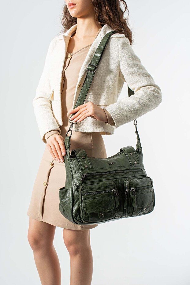Washed Leather Multi-Pocket Shoulder Bag Green Model: (571-12m)