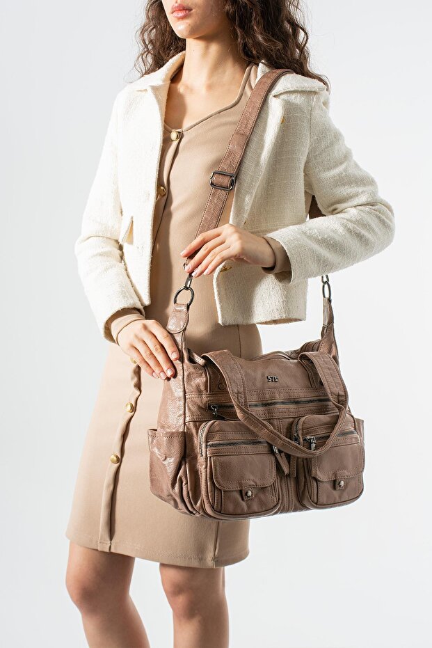 Washed Leather Multi-Pocket Shoulder Bag Mink Model: (571-12m)