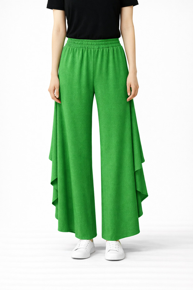 Women's Wide-Legged Trousers – High-Waisted, Elastic, Slit Detail, Loose-Fitting Summer Pants