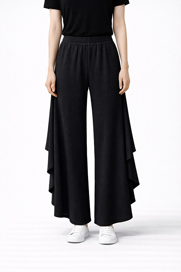 Women's Wide-Legged Trousers – High-Waisted, Elastic, Slit Detail, Loose-Fitting Summer Pants