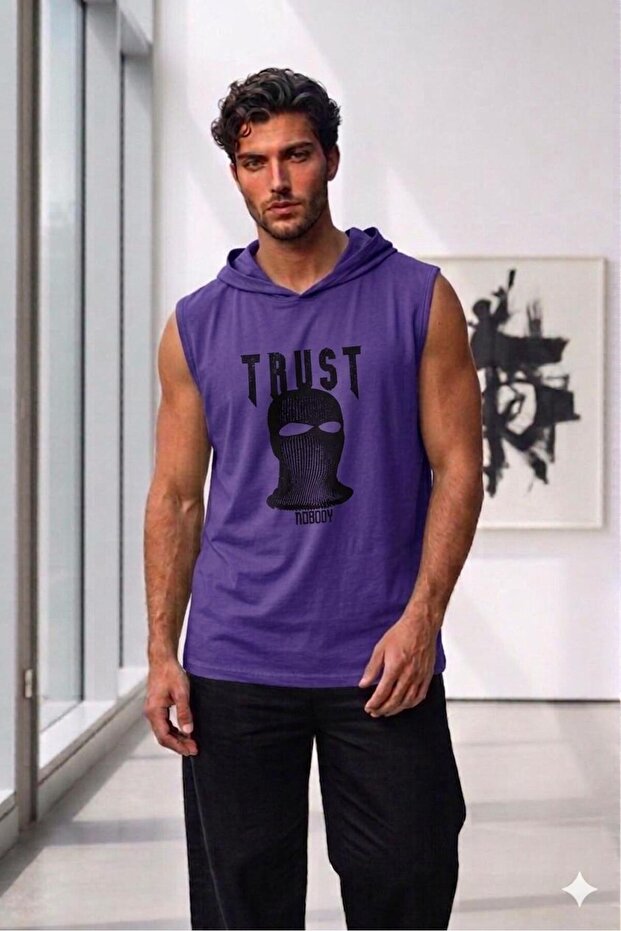 Men's Purple Hooded Sleeveless Trust Printed Tank Top Tshirt