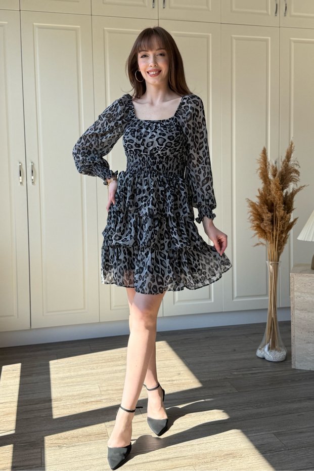 Layered Ruffle Chiffon Short Patterned Dress
