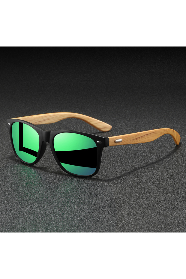 نظارات شمسية رياضية كلاسيكية مربعة الشكل C4 باللون الأخضر - أذرع بتصميم خشب البامبو ومسامير فضية، حماية من الأشعة فوق البنفسجية 400