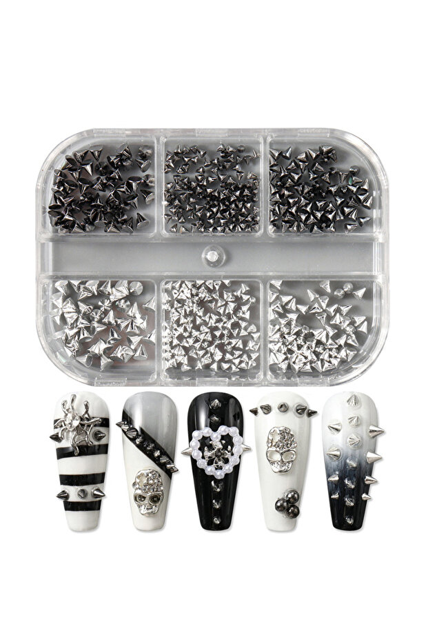 Black Silver 3D Mini Metal Punk Nail Art Studs Mixed Sizes Gold Black Cone Spikes Alloy Nail Rivets