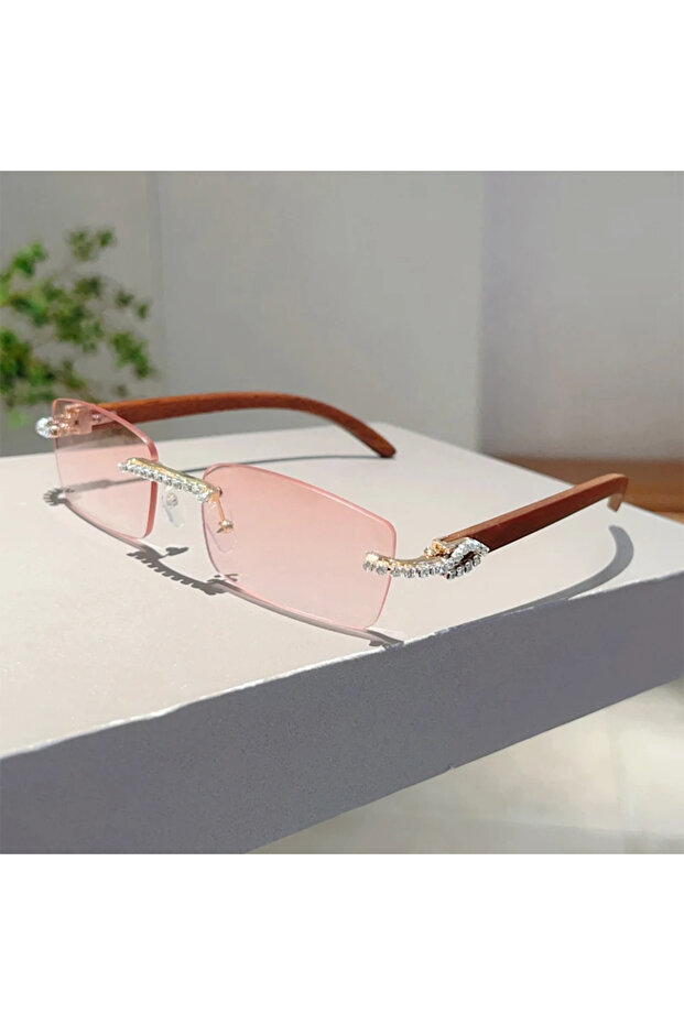 as picture shows gold gradient pink GM LUMIAS Rimless Rectangle Sunglasses with Rhinestones Chic Vin